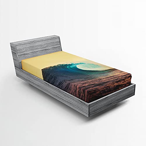 ABAKUHAUS Ozean Spannbetttuch, Sonnenuntergang in den warmen Farben, Soft Dekorativer Stoff Bettwäsche Rund-um Elastischer Gummizug, 90 cm x 190 cm, Türkis Gelb Braun