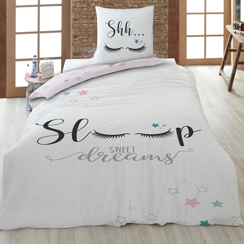 Familando Bettwäsche Set für Mädchen aus 100% Baumwolle (2-teilig), rosa - Decken- & Kissenbezug 135x200 80x80 cm - Jugendbettwäsche mit Wimpern und Sternen - Hautfreundlich & atmungsaktiv, Öko-Tex