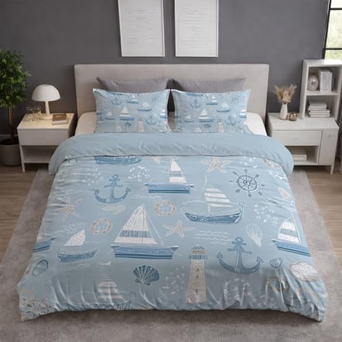 Nautisch Segelboot Leuchtturm Muschel 3 - teilig Wende bettwäsche Premium Qualitãt Hellblau Aus Mikrofase - Deckenbezug(220 x 240) Mit Reißverschluss - Kuschelig Weich & Bügelfrei
