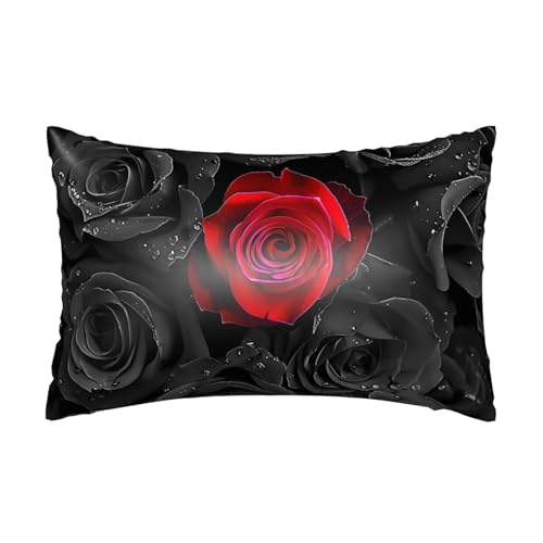 Satin-Kissenbezug, rote Rose, seidige Kissenbezüge für Haar und Haut, mit Reißverschluss, romantische Blume, kühlender Kissenbezug für Bettwäsche, Wohnzimmer, Sofa, 50 x 75 cm