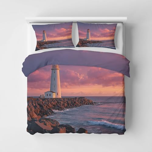 Generisch Bettwäsche 155x220 cm Leuchttürme 2teilig, Mikrofaser Bettwäsche-Sets Meerblick, 1 Weich Bettbezug und 1 Kissenbezug 80x80 cm Mit Reißverschluss PZ&S-18