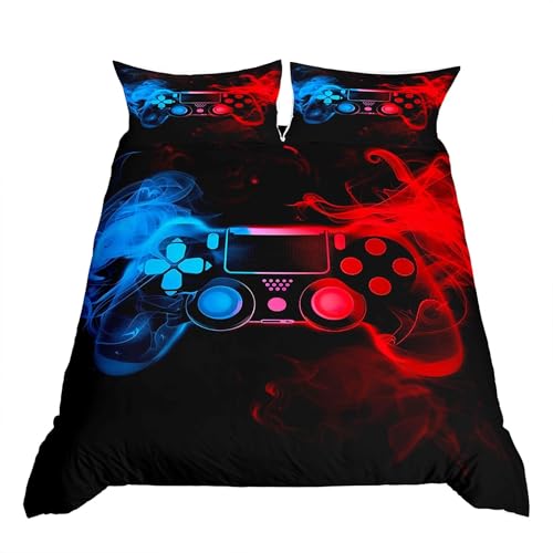 Teens Spieler Bettbezug 135x200,Jungen Spiel Joysticks Reversibel Bettwäsche-Set,Kinderspi elkonsolen-Trösterbezug, Gampad Videospiele Tagesdecken,Alte Retro Spielmaschine Schlafzimmer Dekor Rot Blau