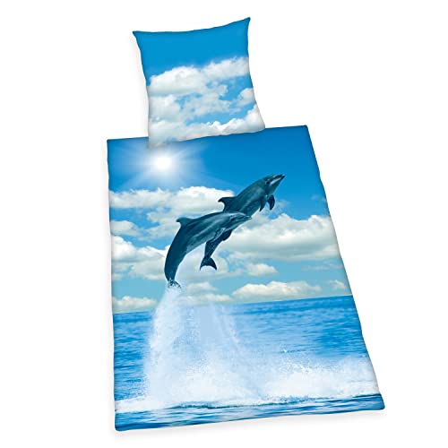 Herding Delfine Bettwäsche, Kopfkissenbezug ca. 80x80 cm, Bettbezug ca. 135x200 cm, mit leichtläufigem Markenreißverschluss, 100% Baumwolle, Renforcé