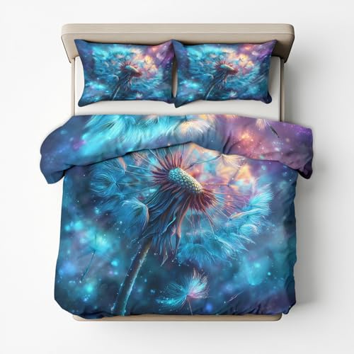 Pusteblume Bettwäsche 220x240 Bügelfreie - Blau Wildblumen Muster, Renforce Wendebettwäsche Bettbezug 3-teilig Set Cozy Mikrofaser Mit Reißverschluss, 2 Kissenbezug, Geschenk Pusteblume, LS6431