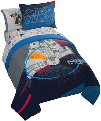 Jay Franco Kinder-Bettwäsche-Set mit Laken und Kissenbezügen, weiches und gemütliches Bettwäsche-Set für stilvolle Raumdekoration, dunkelblau – Star Wars, 7-teiliges Bettwäsche-Set