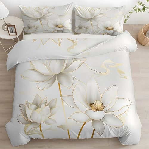 Ypthriline Bettwäsche 155x220 weißer Lotus Bettwäsche 3teilig Goldener Faden Bettbezug Mikrofaser mit Reißverschluss mit 2 Kissenbezug 80x80