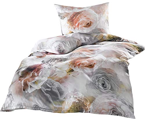 Bettwaesche-mit-Stil Edle Mako Satin Rosen Bettwäsche grau rosé 135x200 + 80x80 100% Baumwolle