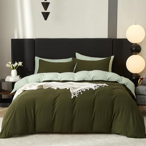Baumwolle Bettwäsche 155x220cm Grün Olivgrün Grau 3Teilig Doppelbett Uni Bettwäsche Set Weiche ÖkoTex Zertifiziert für Allergiker Weich Bettbezug Baumwolle und 1 Kissenbezüge 80x80 mit Reissverschluss