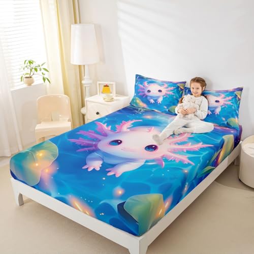 Kawaii Axolotl Einbaublech M Größe Rosa Axolotl Ozeantiere Bettdeckung 2pcs Meer Nautisches Thema Sommer Küste Seeleben Bettwäsche Set für Kinder