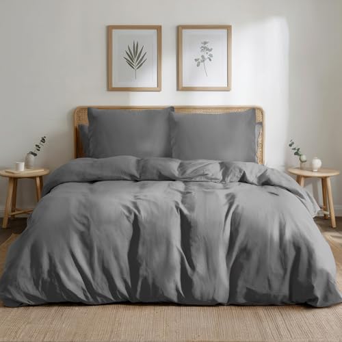Dreamzie Bettwäsche-Set 200x200 aus Baumwoll-Perkal – Anthrazit – Bettbezug 200x200 und 2X Kissenbezug 80x80 cm – Oeko-Tex Zertifiziert