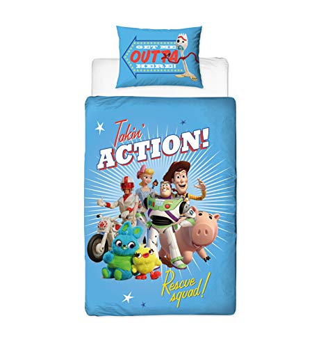Character World Offizielles Toy Story 4 Einzelbett-Bettbezug, Rescue-Design, wendbar, zweiseitig, Bettbezug mit Woody & Buzz Lightyear mit passendem Kissenbezug