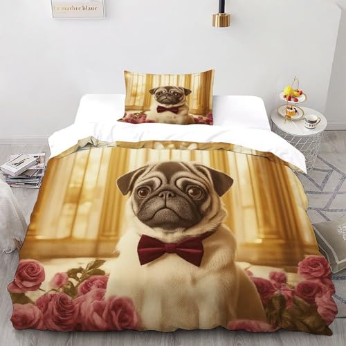 DOXLITVT Pug Dog Pink Roses Bettwäsche Set 2-teilig Aesthetic Pet Animal Kinderbettwäsche-Set Reißverschluss Mit Kissenbezug Für Jugendliche Kinder Schlafzimmer Single?135x200cm?