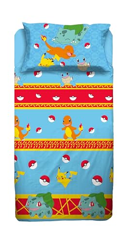 Pokemon Bettwäsche-Set für Einzelbett, Bettlaken, Spannbettlaken, Kissenbezug, 100% Baumwolle, offizielles Produkt