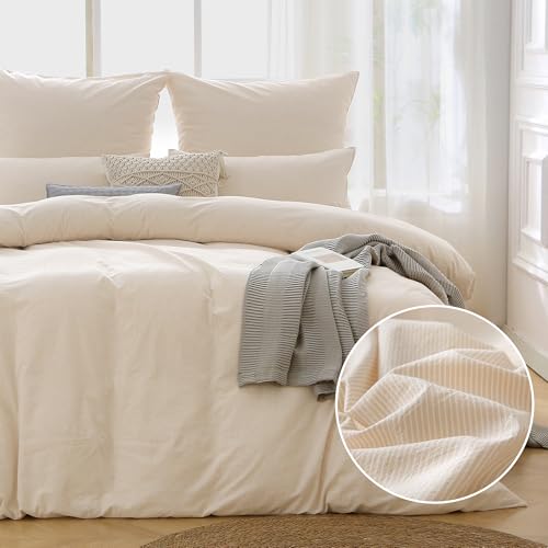 ATsense Bettwäsche 155x220 Baumwolle Gestreift - 2teilig Bettwäsche-Sets Beige, Öko-Tex Zertifiziert Hypoallergen Atmungsaktiv, 1 Bettbezug 155x220 und 1 Kissenbezüge 80x80