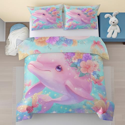 Generisch Niedliche Delfin Bettwäsche 135x200, Kinder Meerestiere Muster Bettwäsche-Sets 2 Teilige, Blumen Schmetterling Weiche Mikrofaser Bettbezug mit Reißverschluss & 1 Kissenbezug 80 x 80 Smt39