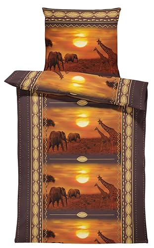 one-home Bettwäsche 135x200 cm Afrika Safari Elefanten Giraffen Tiere braun Microfaser