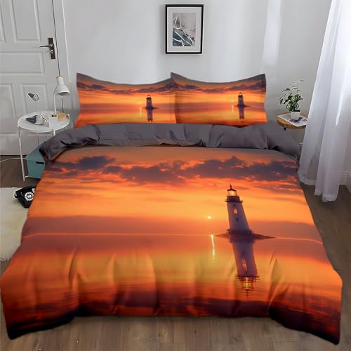 3-Teilig Bettwäsche Set Sonnenuntergang Mikrofaser Bettbezüge Für Kinder Und Teenager, Leuchtturm Flauschig Hypoallergen Bettwäsche-Set 155 X 220 cm Mit 2 Kissenbezügen 80 X 80 cm