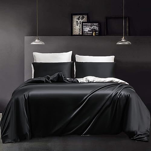 YASMENG Satin Bettwäsche 200x200 Schwarz-Weiß Wendebettwäsche Set Luxus Seide Bettwäsche Satin Weich Glatt Glänzend Seidig 3-teilig mit Reißverschluss und 2 Kissenbezügen 80x80 cm