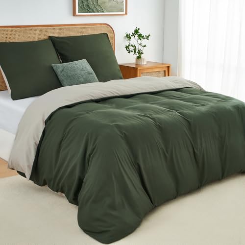 Duvetnova Bettwäsche 155x220 2teilig Olivgrün/Beige Bettwäsche-Sets Microfaser ÖKO-TEX Wendebettwäsche 155 x 220, weich & bügelfrei 1 Bettbezug 155x220 + 1 Kissenbezug 80x80cm mit Reißverschluss