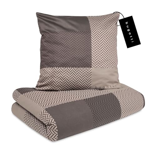 bugatti 2in1 Bettwäsche 135x200 cm - 100% Baumwolle Satin-Flanell Kombibettwäsche, Reißverschluss, anschmiegsam, weich & waschbar, Bettbezug braun Karo