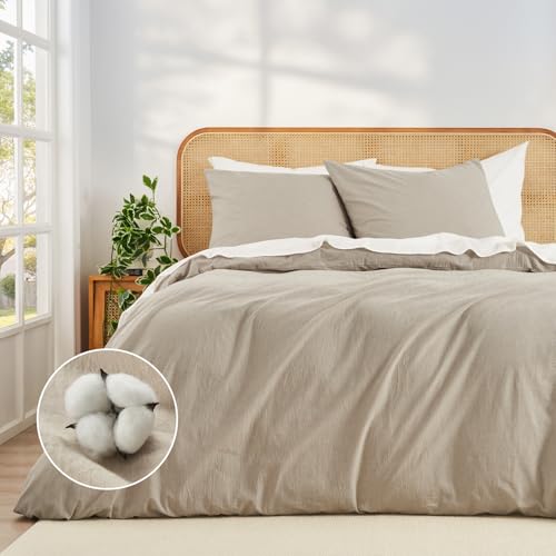 Duvetnova Bettwäsche 200x220 Baumwolle Beige Superweiche 100% Vorgewaschene Baumwolle mit Leinenstruktur ÖKO-TEX Bettwäsche 200x220 Sommer Bettbezug 200x220+2 Kissenbezüge 80x80 alle mit Reißverschlus