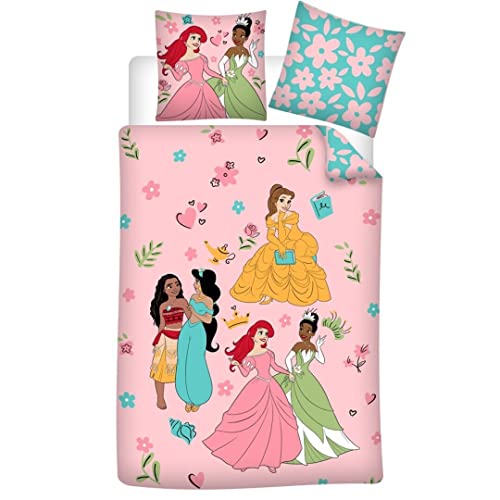 Wende Bettwäsche-Set Disney Prinzessinnen 100% Baumwolle, Bettbezug 135 x 200 cm, Kissenbezug 80 x 80 cm