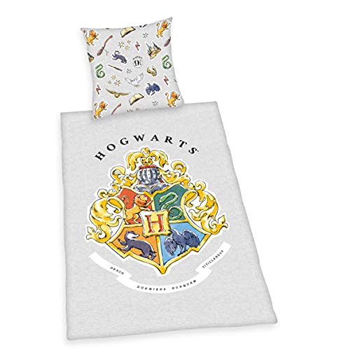 Herding Harry Potter Bettwäsche-Set, Kopfkissenbezug 80 x 80 cm, Bettbezug 135 x 200 cm, Mit leichtläufigem Reißverschluss, 100% Baumwolle/Renforcé, Grau