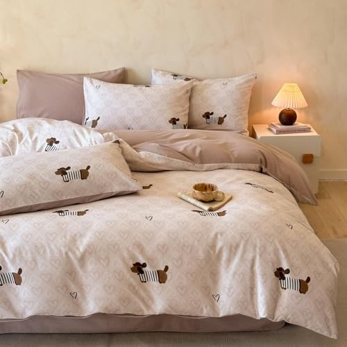 Tospass Bettwäsche 135x200 Dackel Khaki Braun Dachshund Herzen Bettwäsche Teenager Mädchen Kinderbettwäsche Mikrofaser ÖKO-TEX Deckenbezug 1 Bettbezug mit Reißverschluss und 1 Kissenbezug 80x80cm