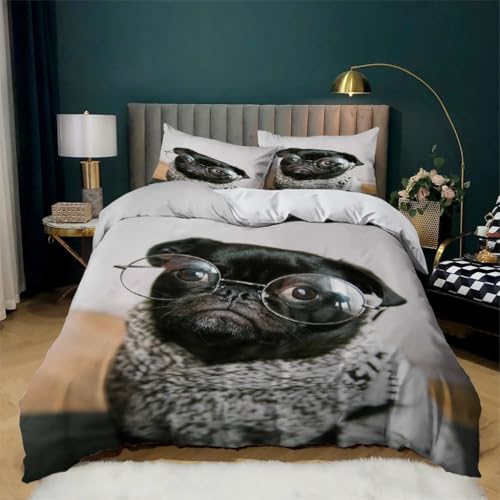 BSYYZQC Bettwäsche 135x200 Mops Bettwäsche-Sets GläSer Bettbezug Weiche Atmungsaktiv Mikrofaser mit Reißverschluss und 2 Kissenbezüge 80x80 für Kinder Geeignet