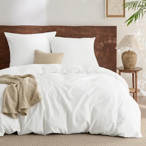 BEDSURE Bettwäsche 200x220 Baumwolle 3teilig - Bettwäsche-Sets Weiß Bettbezug mit 2 Kissenbezüge 80x80 cm, Ähnliche Textur wie Washed Leinen, Oeko-TEX Bedding Set mit Reißverschluss