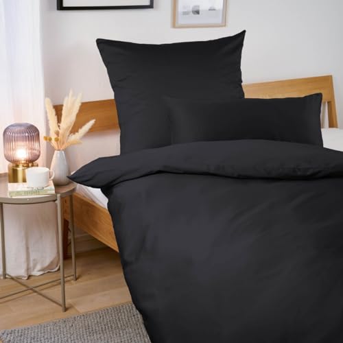 Blumtal Mako Satin Bettwäsche 155x220 Baumwolle Schwarz - Bettdeckenbezug mit frei wählbaren Kissenbezug - individuell anpassbares Bettwäsche-Set aus 100% Baumwolle - Oeko Tex Zertifiziert