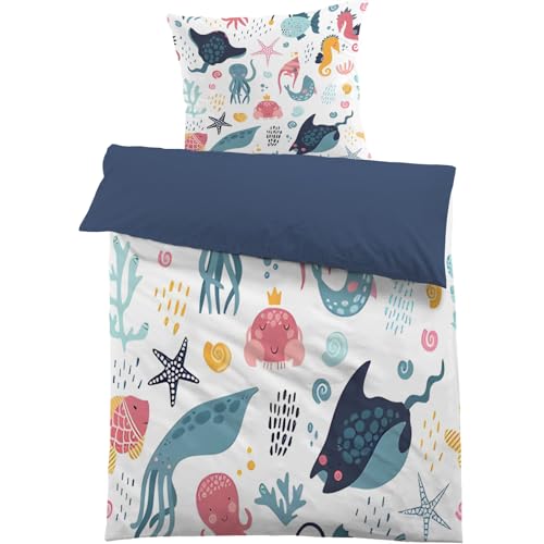 dyausi Meerestier Bettwäsche 135x200 Marineblau Rosa, Fisch Seestern Bettbezug 2 teilig, Cartoon Meereslebewesen Wendebettwäsche Microfaser, Deckenbezug mit Reißverschluss und 1 Kissenbezug B78