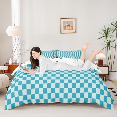 feelingyou Plaid Schachbrett Kinder Bettdecke S Größe Grid Geometrische Türkis Blau Decken Abdeckung für Schlafzimmer Schach Luxus Moderne Abstrakt Bettwäsche Set(1 Kissenbehälter)
