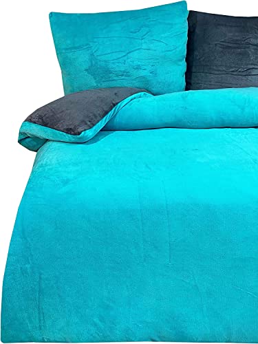 one-home 4 teilig Winter Bettwäsche 135x200 cm Teddy Plüsch Nicki Uni Petrol warm Fleece