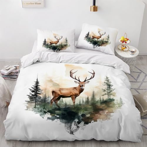 3D Hirsch Bettwäsche 220x240 cm 3teilig Elch Bettbezug mit Reißverschluss 100% Mikrofaser Leicht Atmungsaktive Bettwaren Set mit 2 Kissenbezüge 80x80?Muster 1-12?