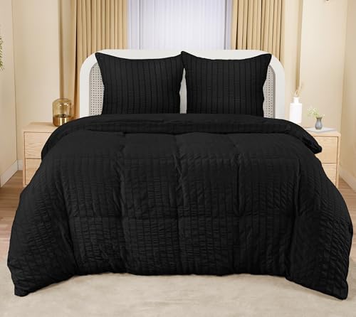 Utopia Bedding Seersucker Bettwäsche 200x200 Set - Mikrofaser Polyester Bettbezug 200x200 cm + 2 Kissenbezüge 80x80 cm - Schwarz