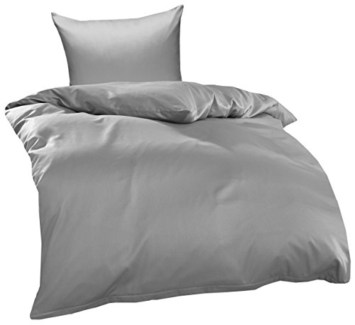 Bettwaesche-mit-Stil Mako Interlock Jersey Bettwäsche Garnitur Uni/enfarbig 100% Baumwolle 135x200 + 80x80 cm, Grau