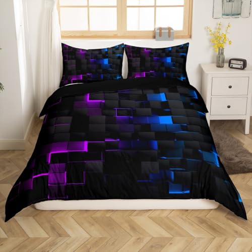 Homewish Neon Geometrie Bettwäsche 135x200 Kinder,3D Kariert Blau Lila Farbverlauf Geometrische Bettbezug für Männer Mädchen Teenager,Ombre Stereoskopische Moderne Jungenzimmer Dekor Bettwäscheset