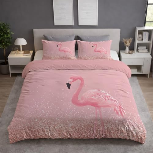 Generisch Bettwäsche 135x200 2teilig - Mikrofaser Bettbezug 135x200 cm mit 1 Kissenbezug 80x80 cm, Wendebettwäsche, ultraweich und hautfreundlich, Rosa, Illustration Elegant Vogel