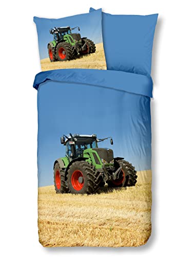 Soma Renforcé Pastell Kinder-Bettwäsche-Set 2 teilig Bettbezug 2tlg 135x200cm 80x80 Trecker Traktor Farmer