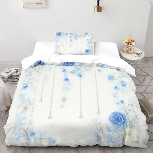 DOXLITVT Blue Roses Silver Bettwäsche Set 2-teilig Elegant Garden Flower Mit Kissenbezug Betten Für Jungen Und Mädchen,Kinder Single?135x200cm?