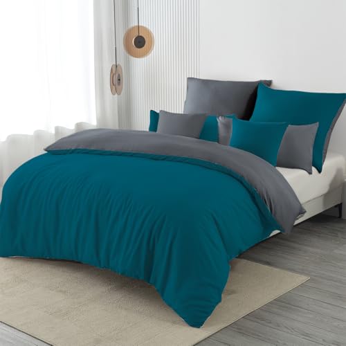 Nesture Bettwäsche 155x220 2teilig/Anthrazit Bettwäsche Sets Microfaser Wendebettwäsche 155 x 220, weich & bügelfrei 1 Bettbezug + 1 Kissenbezug 80x80cm Reißverschluss