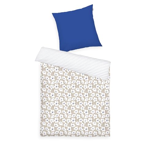 TOM TAILOR Renforcé-Bettwäsche, 70x90 + 140x200 cm, 100% Baumwolle/Renforcé, mit Wendemotiv und farbigem Reißverschluss, FRESH FLOWERS Blau, Beige (Cobalt & Sunny Sand)