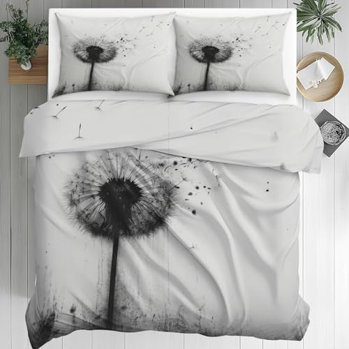 Generisch Löwenzahn Bettwäsche, Schwarz Weiß Pusteblumen Bettwäsche-Set 200x200, Mikrofaser Wende Bettbezug mit 2 Kissenbezüge, Pflegeleicht Trösterbezug 3 Teilig mit Reißverschluss Hn506
