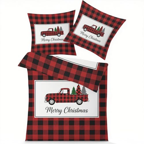 GEDAEUBA Weihnachten Bettwäsche 200x200 - Rot Schwarz Kariert Bettbezug, Wendebettwäsche und Kissenbezug 80x80, Weiche & Angenehme Mikrofaser Bettwäsche-Sets mit Reißverschluss
