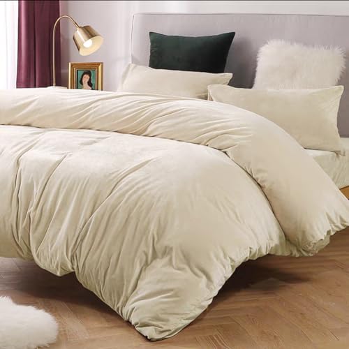 Michorinee Winter Plüsch Bettwäsche Set 220x240 Cashmere Touch Flauschig & Warme Coral Fleece Uni Bettbezug mit Reißverschluss - Beige | 220 x 240 cm + 2 x 80 x 80 cm