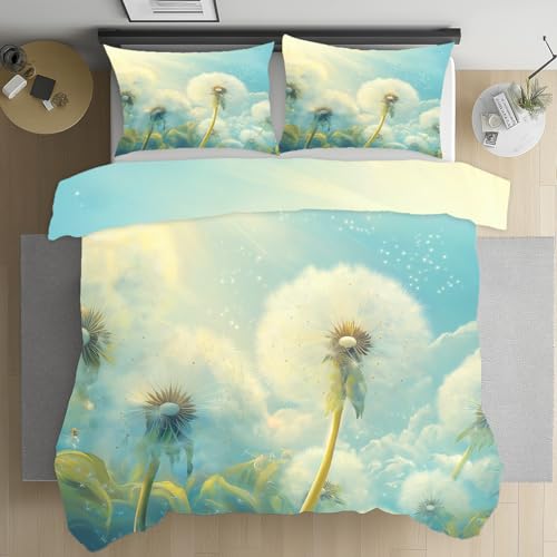 Kioldoq Löwenzahn Pflanzen Deckenbezug 135x200cm, Pusteblume Botanisch Bettwäsche 3 Teilig, Modern Einfache Bettwäsche Mit Reißverschluss, Bedding Microfaser, Wendebettwäsche, 2 Kissenbezug 80x80