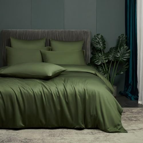 Kühlendes Bambus-Bettwäsche-Set, 135 x 200 cm, Sommergrün, Armeegrün, 100 % Bambus-Lyocell, luxuriös, weicher Bettbezug mit Reißverschluss und 2 Kissenbezügen, 80 x 80 cm, umweltfreundlich