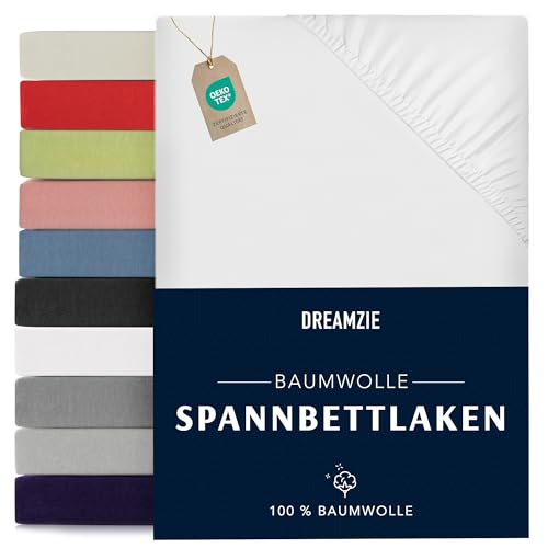 Dreamzie - Spannbettlaken 90x190/200cm - Baumwolle Oeko Tex Zertifiziert - Weiß - 100% Jersey Spannbetttuch 90x190/200