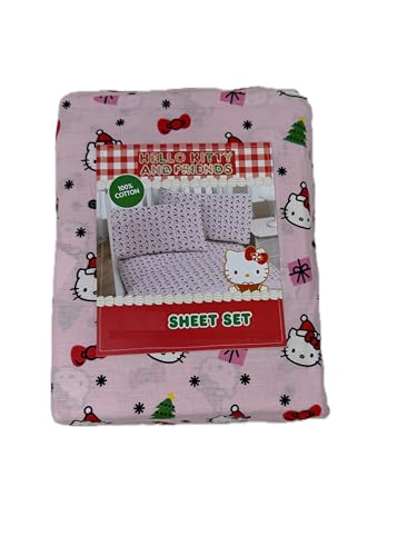 Jay Franco & Sons, Inc. Hello Kitty Weihnachtliches Baumwoll Bettwäsche (rosa – Schleifen, Bäume, Geschenke, Queen)